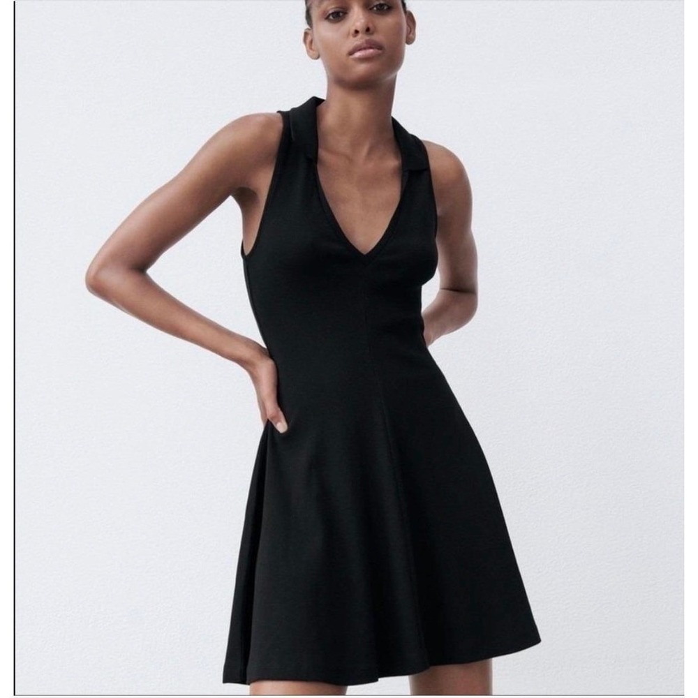 Zara Rib Cotton Fit & Flare Mini Dress Lapel Black Sz M Minimalist Quiet Luxury
